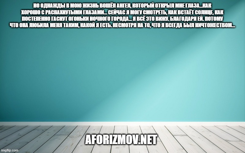 Но однажды в мою жизнь вошёл ангел, который открыл мне глаза…Как хорошо с распахнутыми глазами... Сейчас я могу смотреть, как встаёт солнце, как постепенно гаснут огоньки ночного города... Я всё это вижу. Благодаря ей. Потому что она любила меня таким, какой я есть. Несмотря на то, что я всегда был ничтожеством…
