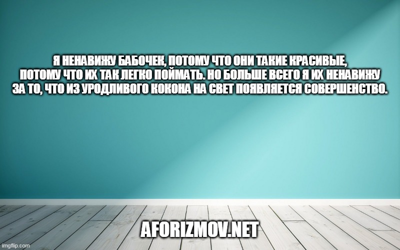 Я ненавижу бабочек, потому что они такие красивые, потому что их так легко поймать. Но больше всего я их ненавижу за то, что из уродливого кокона на свет появляется совершенство.