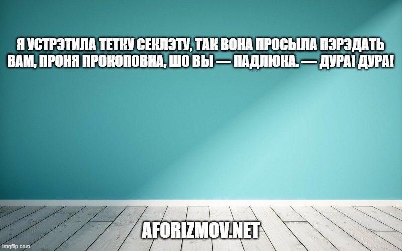Я устрэтила тетку Секлэту, так вона просыла пэрэдать вам, Проня Прокоповна, шо вы — падлюка. — Дура! Дура!
