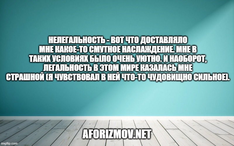 Нелегальность - вот что доставляло мне какое-то смутное наслаждение. Мне в таких условиях было очень уютно. И наоборот, легальность в этом мире казалась мне страшной (я чувствовал в ней что-то чудовищно сильное).