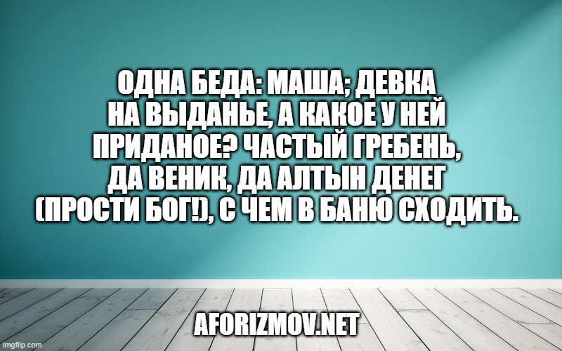 Одна беда: Маша; девка на выданье, а какое у ней приданое? частый гребень, да веник, да алтын денег (прости бог!), с чем в баню сходить.