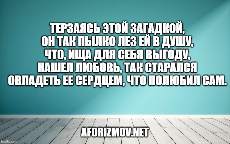 Терзаясь этой загадкой, он так пылко лез ей в душу, что, ища для себя выгоду, нашел любовь, так старался овладеть ее сердцем, что полюбил сам.