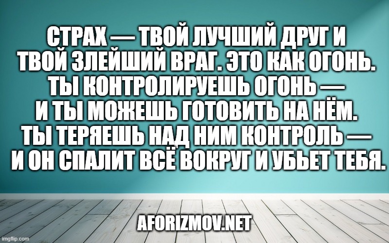 Страх — твой лучший друг и твой злейший враг. Это как огонь. Ты контролируешь огонь — и ты можешь готовить на нём. Ты теряешь над ним контроль — и он спалит всё вокруг и убьет тебя.