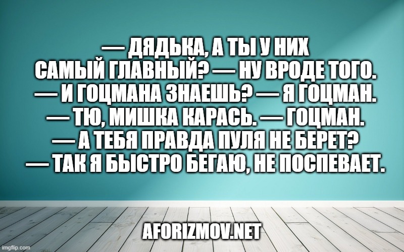 — Дядька, а ты у них самый главный? — Ну вроде того. — И Гоцмана знаешь? — Я Гоцман. — Тю, Мишка Карась. — Гоцман. — А тебя правда пуля не берет? — Так я быстро бегаю, не поспевает.