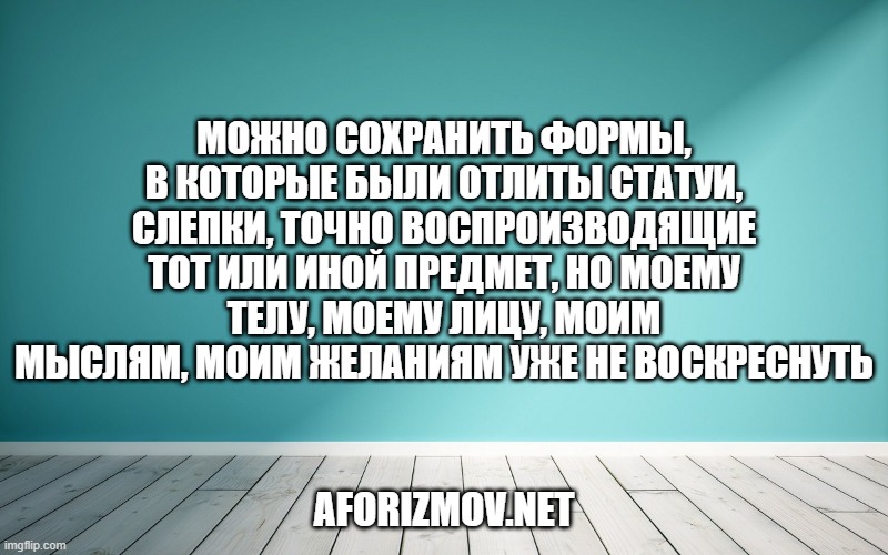 Можно сохранить формы, в которые были отлиты статуи, слепки, точно воспроизводящие тот или иной предмет, но моему телу, моему лицу, моим мыслям, моим желаниям уже не воскреснуть