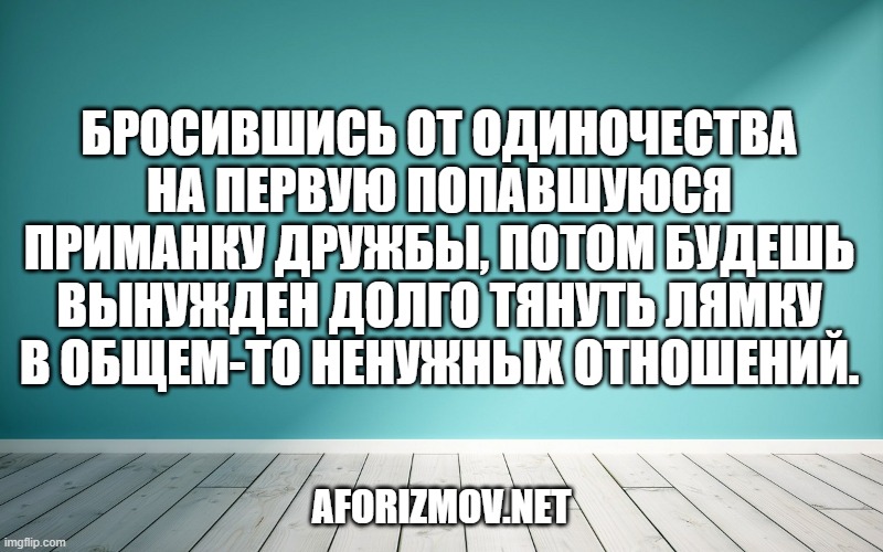 Бросившись от одиночества на первую попавшуюся приманку дружбы, потом будешь вынужден долго тянуть лямку в общем-то ненужных отношений.