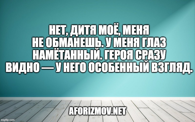 Нет, дитя моё, меня не обманешь. У меня глаз намётанный. Героя сразу видно — у него особенный взгляд.