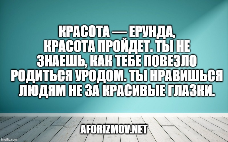 Красота — ерунда, красота пройдет. Ты не знаешь, как тебе повезло родиться уродом. Ты нравишься людям не за красивые глазки.