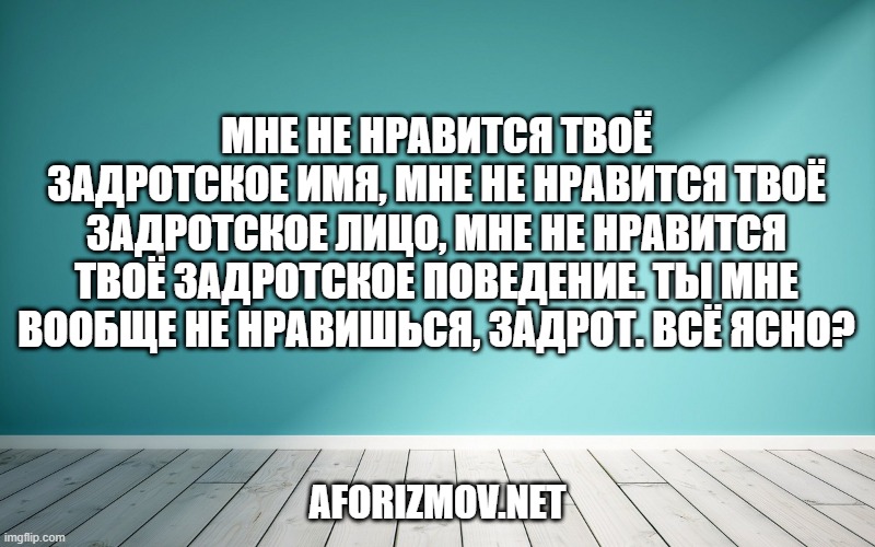 Мне не нравится твоё задротское имя, мне не нравится твоё задротское лицо, мне не нравится твоё задротское поведение. Ты мне вообще не нравишься, задрот. Всё ясно?