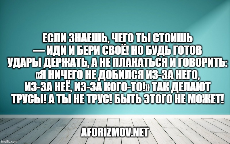 Если знаешь, чего ты стоишь — иди и бери своё! Но будь готов удары держать, а не плакаться и говорить: «Я ничего не добился из-за него, из-за неё, из-за кого-то!» Так делают трусы! А ты не трус! Быть этого не может!