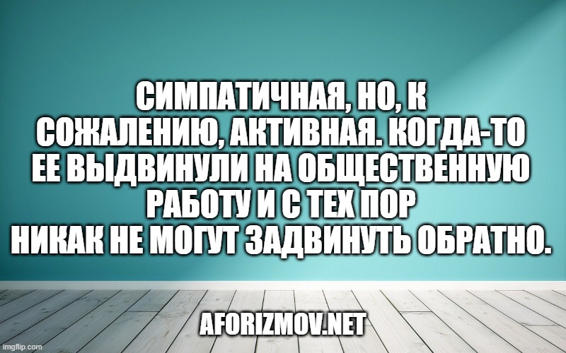Симпатичная, но, к сожалению, активная. Когда-то ее выдвинули на общественную работу и с тех пор никак не могут задвинуть обратно.
