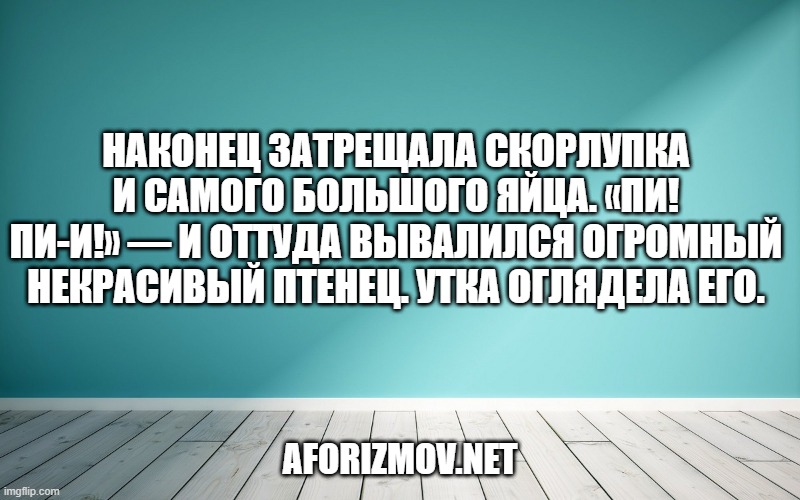 Наконец затрещала скорлупка и самого большого яйца. «Пи! пи-и!» — и оттуда вывалился огромный некрасивый птенец. Утка оглядела его.
