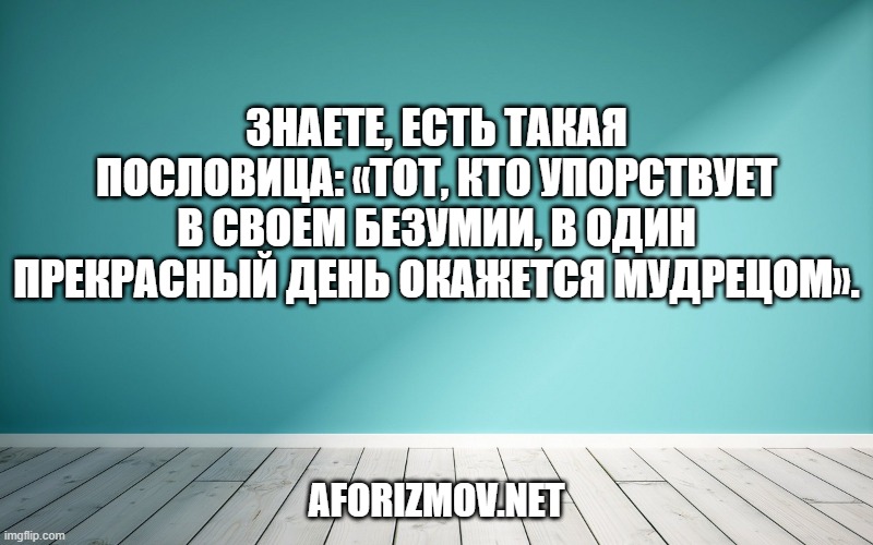Знаете, есть такая пословица: «Тот, кто упорствует в своем безумии, в один прекрасный день окажется мудрецом».