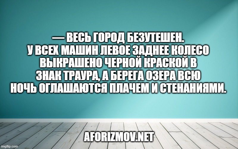 — Весь город безутешен. У всех машин левое заднее колесо выкрашено черной краской в знак траура, а берега озера всю ночь оглашаются плачем и стенаниями.