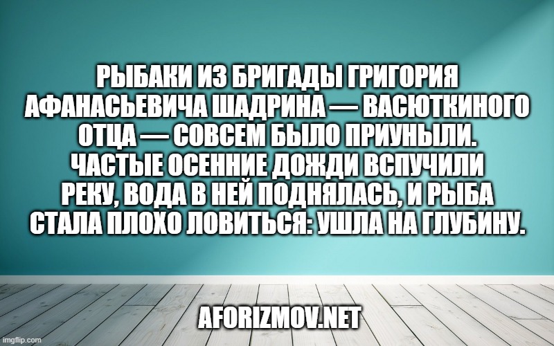 Рыбаки из бригады Григория Афанасьевича Шадрина — Васюткиного отца — совсем было приуныли. Частые осенние дожди вспучили реку, вода в ней поднялась, и рыба стала плохо ловиться: ушла на глубину.