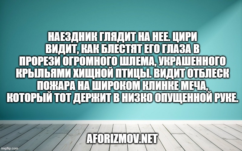 Наездник глядит на нее. Цири видит, как блестят его глаза в прорези огромного шлема, украшенного крыльями хищной птицы. Видит отблеск пожара на широком клинке меча, который тот держит в низко опущенной руке.