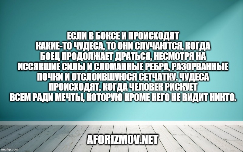 Если в боксе и происходят какие-то чудеса, то они случаются, когда боец продолжает драться, несмотря на иссякшие силы и сломанные ребра, разорванные почки и отслоившуюся сетчатку. Чудеса происходят, когда человек рискует всем ради мечты, которую кроме него не видит никто.