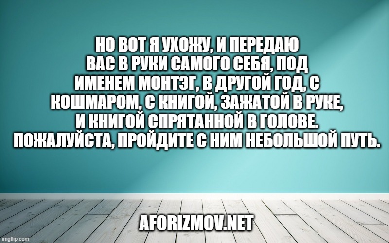 Но вот я ухожу, и передаю Вас в руки самого себя, под именем Монтэг, в другой год, с кошмаром, с книгой, зажатой в руке, и книгой спрятанной в голове. Пожалуйста, пройдите с ним небольшой путь.