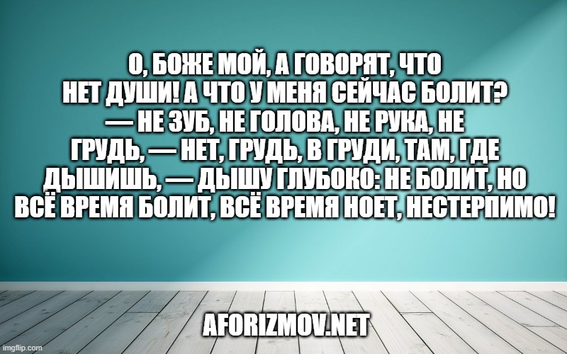 О, Боже мой, а говорят, что нет души! А что у меня сейчас болит? — Не зуб, не голова, не рука, не грудь, — нет, грудь, в груди, там, где дышишь, — дышу глубоко: не болит, но всё время болит, всё время ноет, нестерпимо!