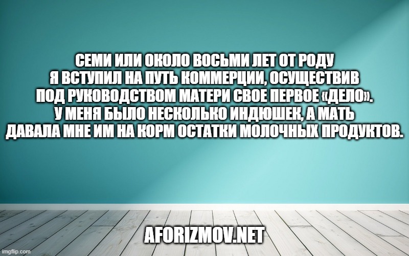 Семи или около восьми лет от роду я вступил на путь коммерции, осуществив под руководством матери свое первое «дело». У меня было несколько индюшек, а мать давала мне им на корм остатки молочных продуктов.
