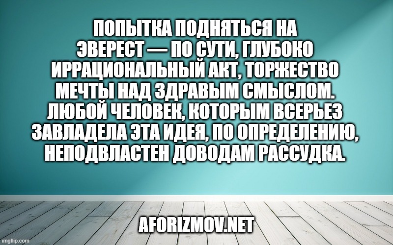 Попытка подняться на Эверест — по сути, глубоко иррациональный акт, торжество мечты над здравым смыслом. Любой человек, которым всерьез завладела эта идея, по определению, неподвластен доводам рассудка.