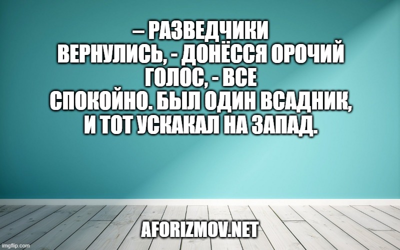 – Разведчики вернулись, - донёсся орочий голос, - все спокойно. Был один Всадник, и тот ускакал на запад.