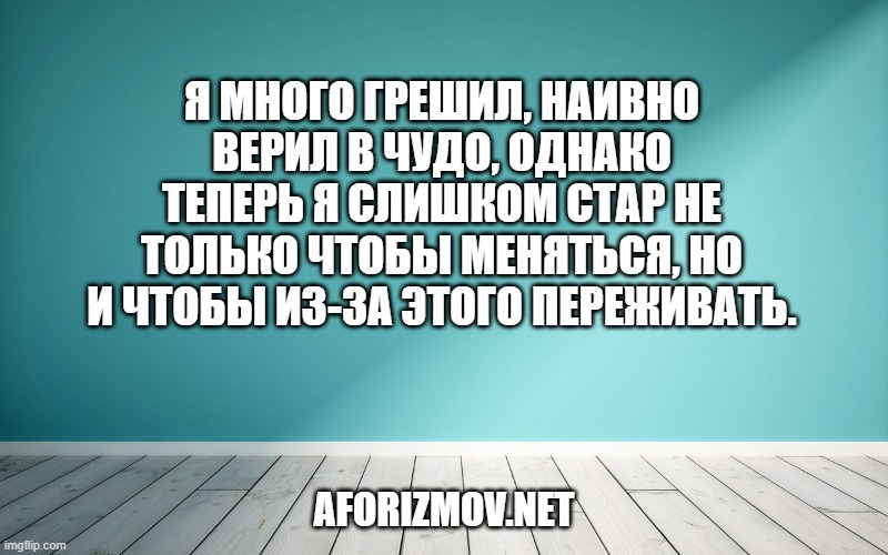 Я много грешил, наивно верил в чудо, однако теперь я слишком стар не только чтобы меняться, но и чтобы из-за этого переживать.