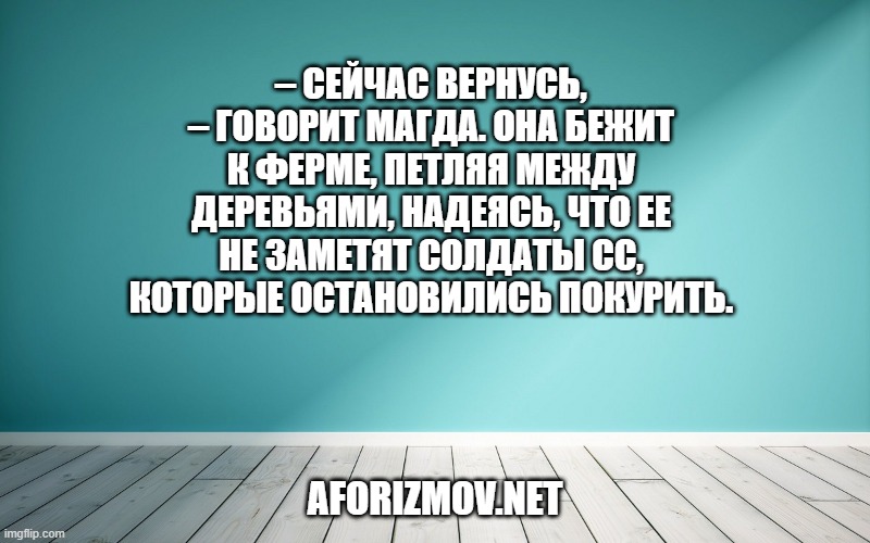 – Сейчас вернусь, – говорит Магда. Она бежит к ферме, петляя между деревьями, надеясь, что ее не заметят солдаты СС, которые остановились покурить.