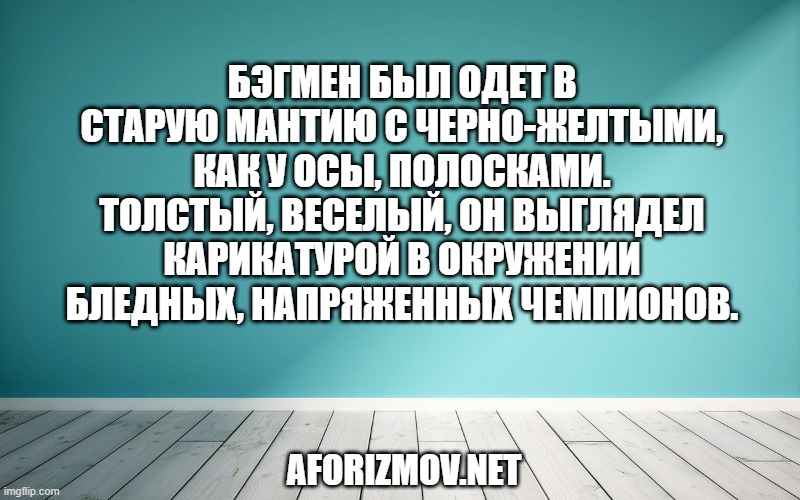 

Бэгмен был одет в старую мантию с черно-желтыми, как у осы, полосками. Толстый, веселый, он выглядел карикатурой в окружении бледных, напряженных чемпионов.