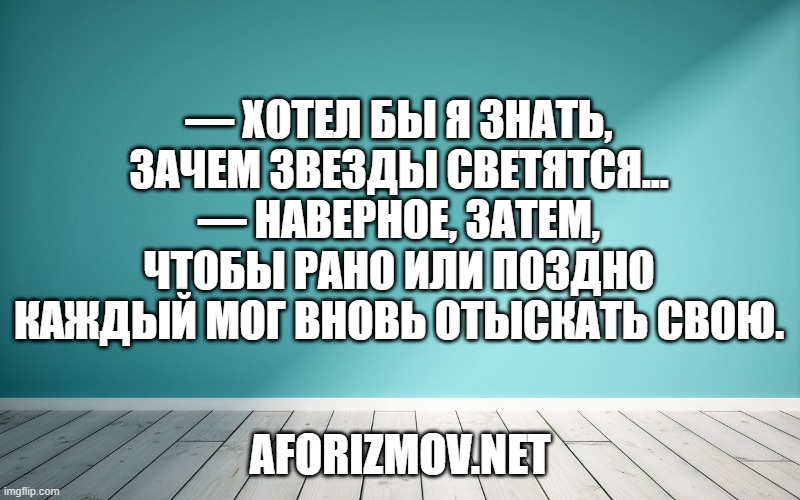 — Хотел бы я знать, зачем звезды светятся...
— Наверное, затем, чтобы рано или поздно каждый мог вновь отыскать свою.
