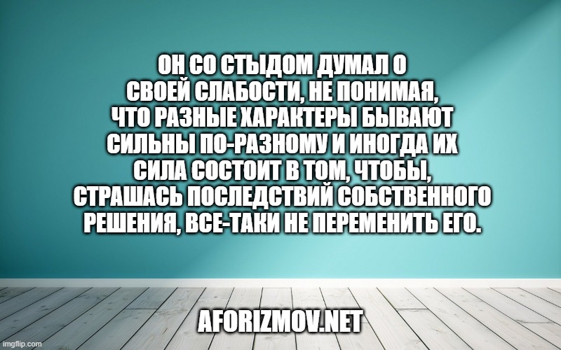 Он со стыдом думал о своей слабости, не понимая, что разные характеры бывают сильны по-разному и иногда их сила состоит в том, чтобы, страшась последствий собственного решения, все-таки не переменить его.