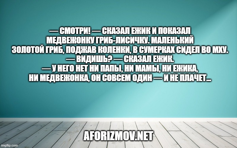— Смотри! — сказал Ежик и показал Медвежонку гриб-лисичку. Маленький золотой гриб, поджав коленки, в сумерках сидел во мху.
— Видишь? — сказал Ежик. — У него нет ни папы, ни мамы, ни Ежика, ни Медвежонка, он совсем один — и не плачет...