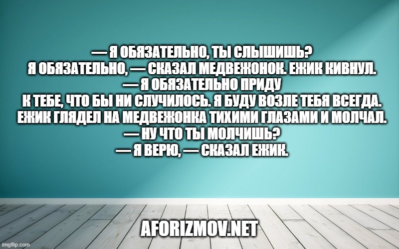 — Я обязательно, ты слышишь? Я обязательно, — сказал Медвежонок. Ежик кивнул.
— Я обязательно приду к тебе, что бы ни случилось. Я буду возле тебя всегда.
Ежик глядел на Медвежонка тихими глазами и молчал.
— Ну что ты молчишь?
— Я верю, — сказал Ежик.