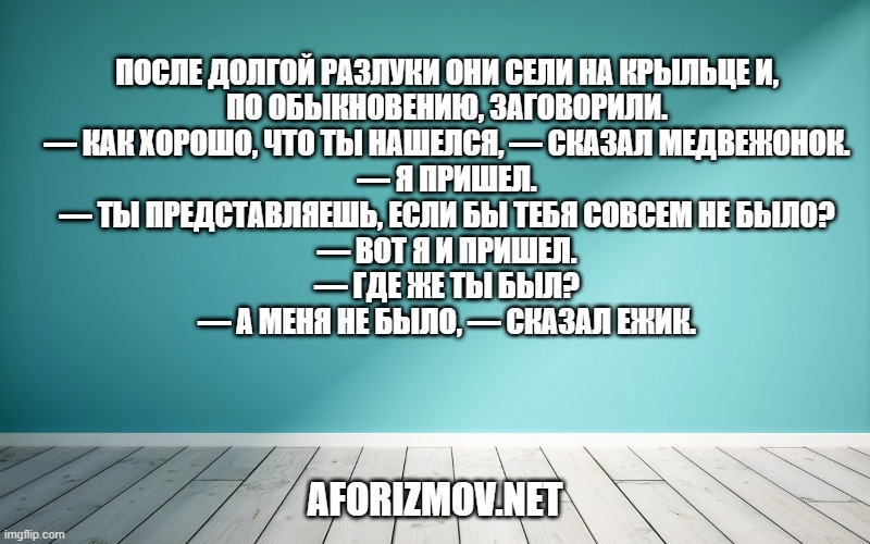 После долгой разлуки они сели на крыльце и, по обыкновению, заговорили.
— Как хорошо, что ты нашелся, — сказал Медвежонок.
— Я пришел.
— Ты представляешь, если бы тебя совсем не было?
— Вот я и пришел.
— Где же ты был?
— А меня не было, — сказал Ежик.
