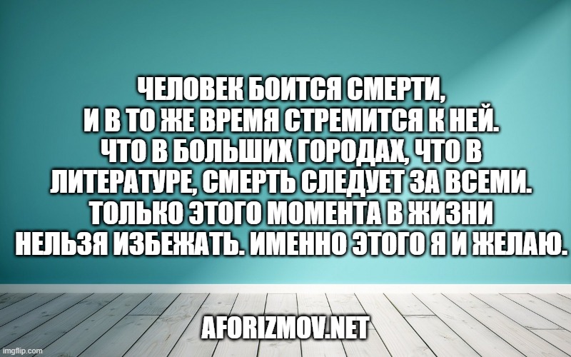 Человек боится смерти, и в то же время стремится к ней. Что в больших городах, что в литературе, смерть следует за всеми. Только этого момента в жизни нельзя избежать. Именно этого я и желаю.