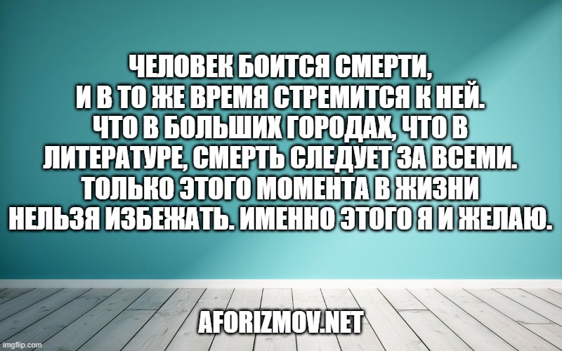 Человек боится смерти, и в то же время стремится к ней. Что в больших городах, что в литературе, смерть следует за всеми. Только этого момента в жизни нельзя избежать. Именно этого я и желаю.