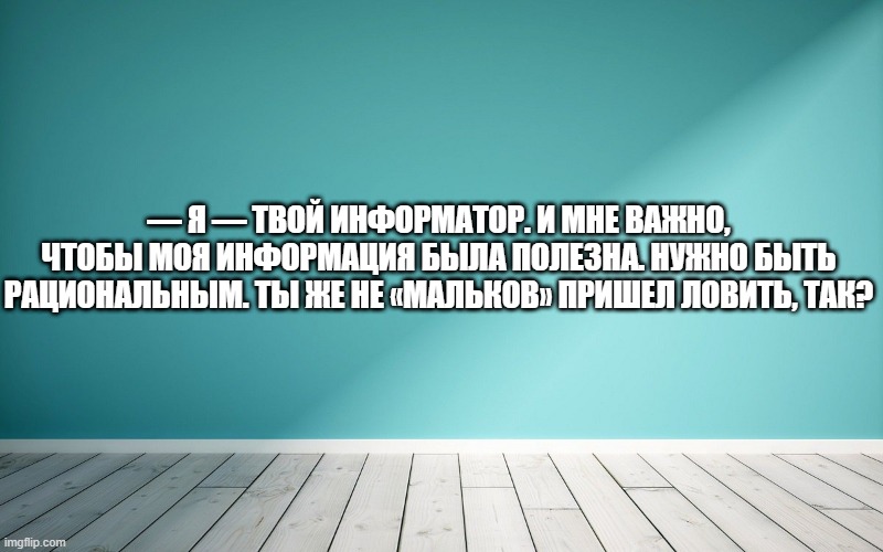 — Я — твой информатор. И мне важно, чтобы моя информация была полезна. Нужно быть рациональным. Ты же не «мальков» пришел ловить, так?