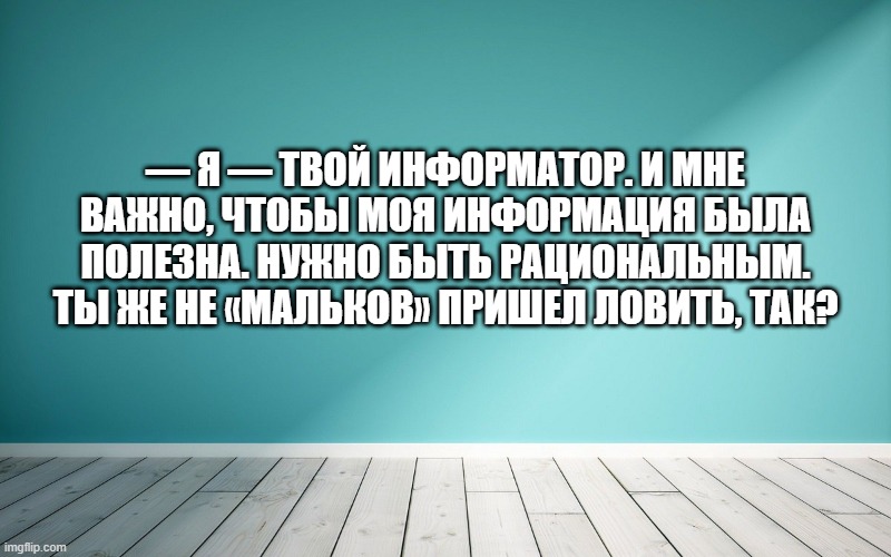 — Я — твой информатор. И мне важно, чтобы моя информация была полезна. Нужно быть рациональным. Ты же не «мальков» пришел ловить, так?