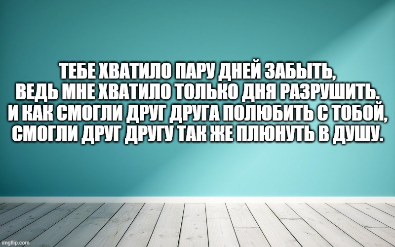 Тебе хватило пару дней забыть, Ведь мне хватило только дня разрушить. И как смогли друг друга полюбить с тобой, Смогли друг другу так же плюнуть в душу.