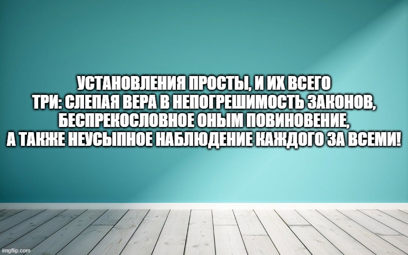 Установления просты, и их всего три: слепая вера в непогрешимость законов, беспрекословное оным повиновение, а также неусыпное наблюдение каждого за всеми!