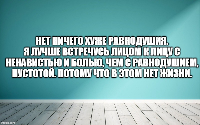 Нет ничего хуже равнодушия. Я лучше встречусь лицом к лицу с ненавистью и болью, чем с равнодушием, пустотой. Потому что в этом нет жизни.