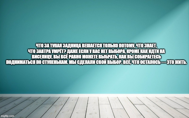 Что за тупая задница вешается только потому, что знает, что завтра умрёт? Даже если у вас нет выбора, кроме как идти на виселицу, вы всё равно можете выбрать, как вы собираетесь подниматься по ступенькам. Мы сделали свой выбор. Всё, что осталось — это жить.