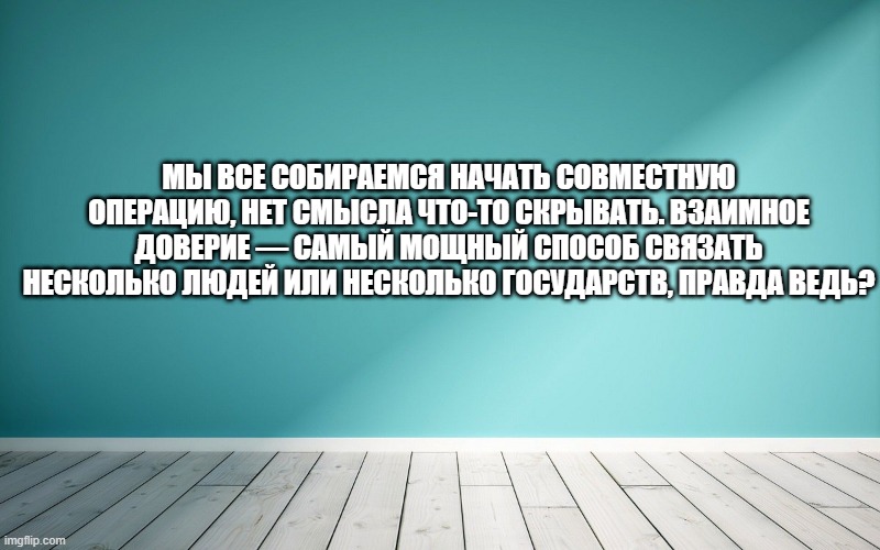 Мы все собираемся начать совместную операцию, нет смысла что-то скрывать. Взаимное доверие — самый мощный способ связать несколько людей или несколько государств, правда ведь?