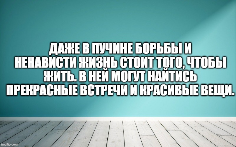Даже в пучине борьбы и ненависти жизнь стоит того, чтобы жить. В ней могут найтись прекрасные встречи и красивые вещи.